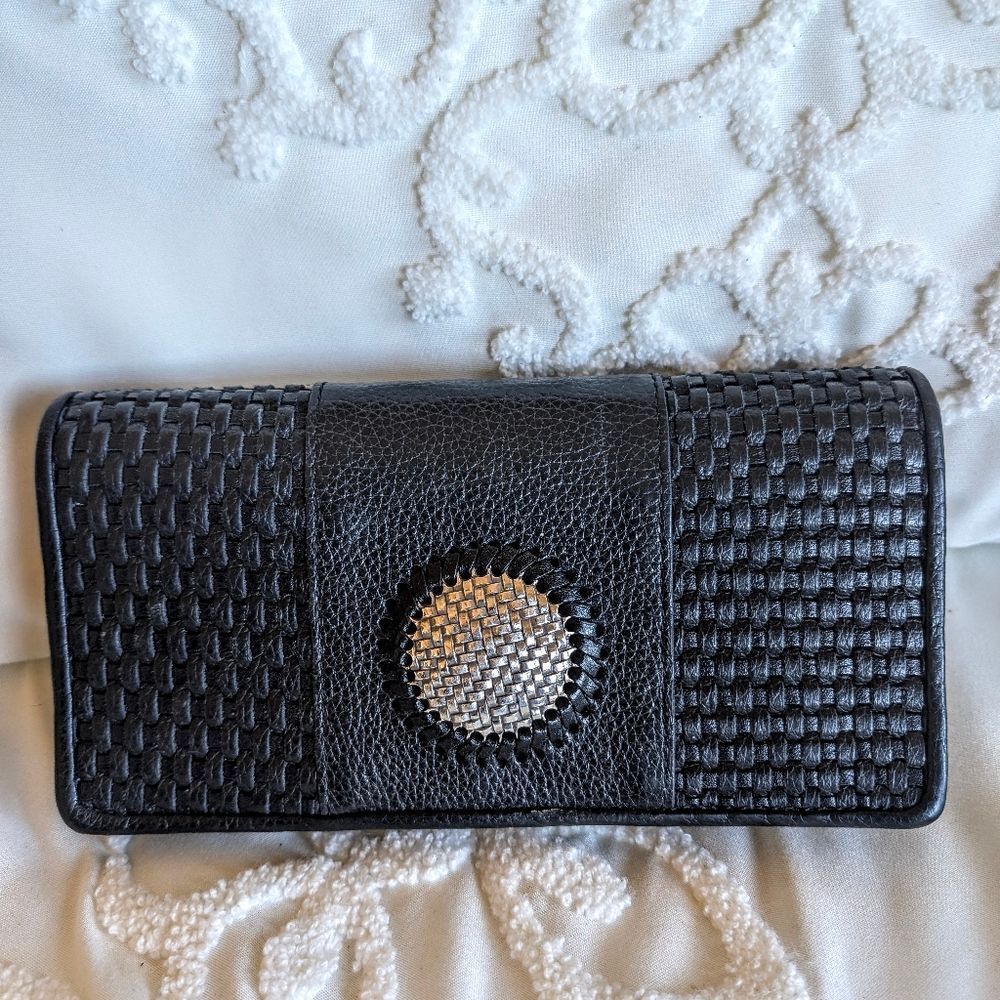 Brighton Talana Large Slim Wallet Woven Black Leather With Silver Medallion NWOT